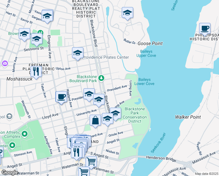 map of restaurants, bars, coffee shops, grocery stores, and more near 261 President Avenue in Providence
