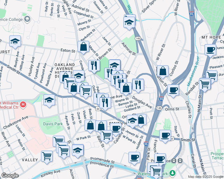map of restaurants, bars, coffee shops, grocery stores, and more near 53 Candace Street in Providence