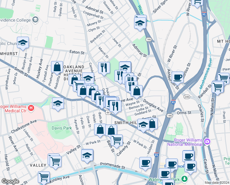 map of restaurants, bars, coffee shops, grocery stores, and more near 23 Alma Street in Providence