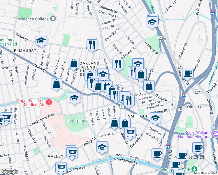 map of restaurants, bars, coffee shops, grocery stores, and more near 477 Danforth Street in Providence