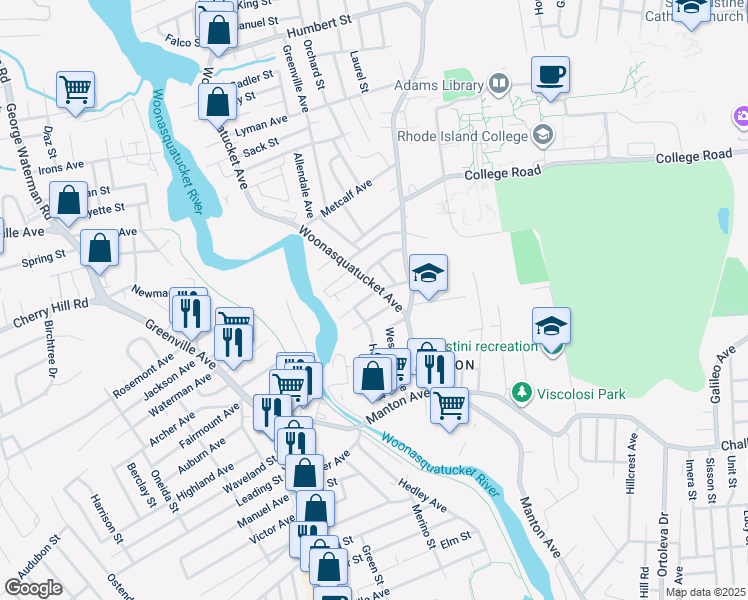 map of restaurants, bars, coffee shops, grocery stores, and more near 101 Herschel Street in Providence