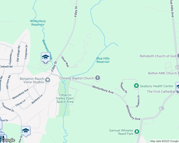map of restaurants, bars, coffee shops, grocery stores, and more near 156 Wintonbury Avenue in Bloomfield