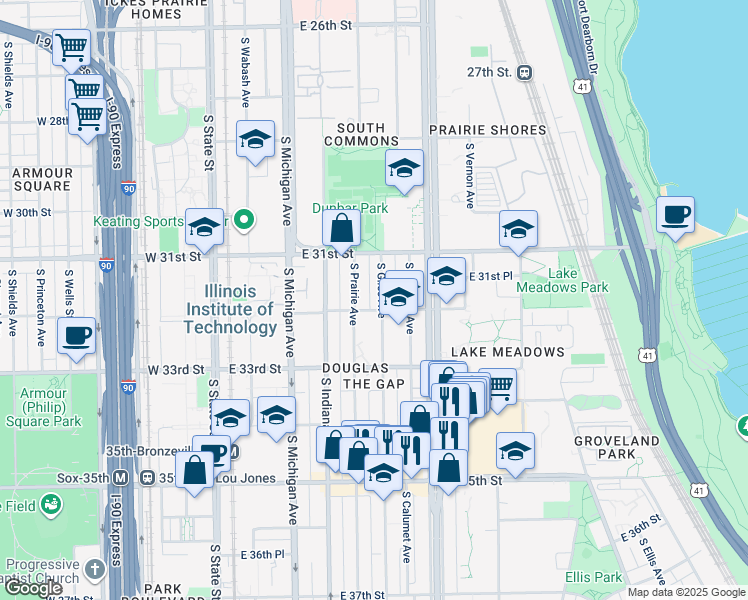 map of restaurants, bars, coffee shops, grocery stores, and more near 3201 South Giles Avenue in Chicago