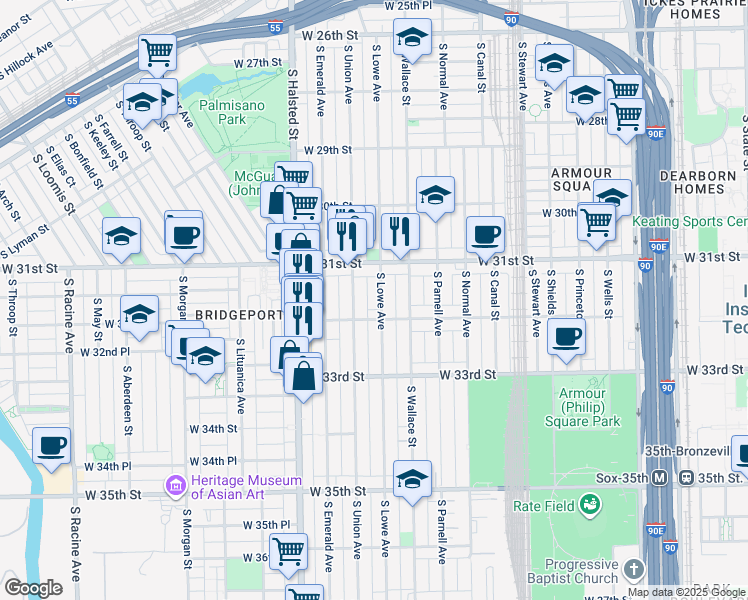 map of restaurants, bars, coffee shops, grocery stores, and more near 3153 South Union Avenue in Chicago