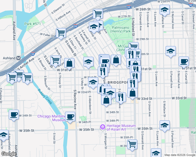 map of restaurants, bars, coffee shops, grocery stores, and more near 1032 West 32nd Street in Chicago