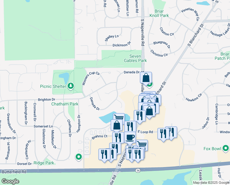 map of restaurants, bars, coffee shops, grocery stores, and more near 103 Danada Drive in Wheaton