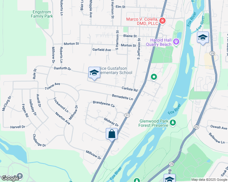 map of restaurants, bars, coffee shops, grocery stores, and more near 617 Bernadette Lane in Batavia