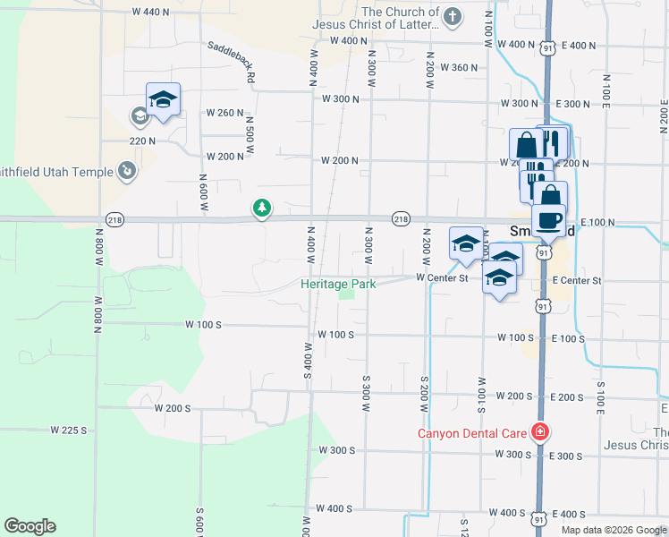 map of restaurants, bars, coffee shops, grocery stores, and more near 347 West Center Street in Smithfield
