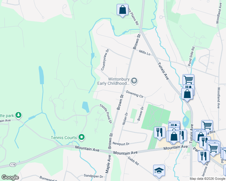 map of restaurants, bars, coffee shops, grocery stores, and more near 14 Sharon Road in Bloomfield