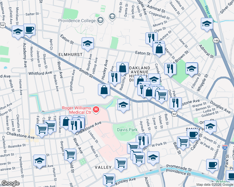 map of restaurants, bars, coffee shops, grocery stores, and more near 640 Smith Street in Providence