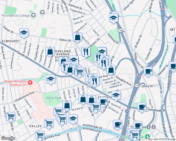 map of restaurants, bars, coffee shops, grocery stores, and more near 35 Camden Avenue in Providence
