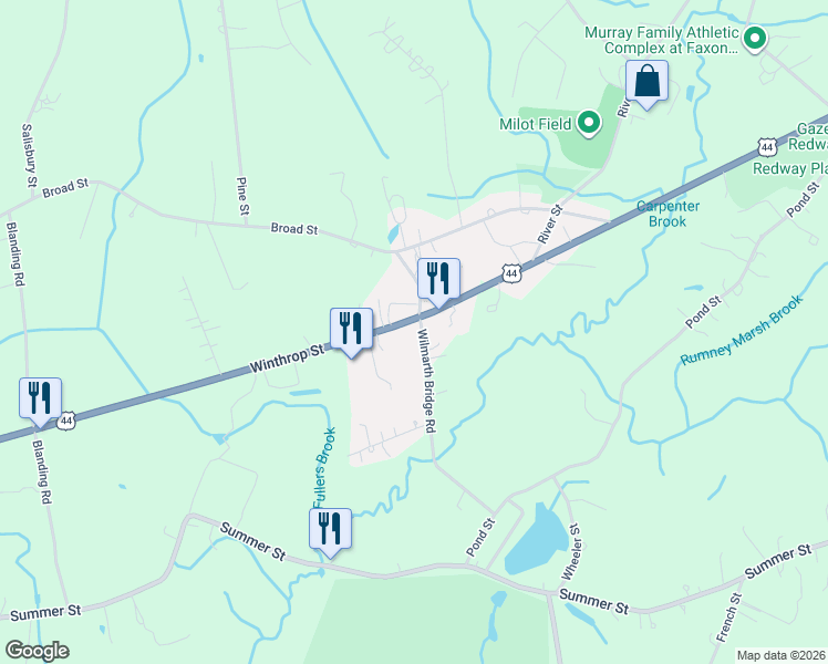 map of restaurants, bars, coffee shops, grocery stores, and more near 493 Winthrop Street in Rehoboth