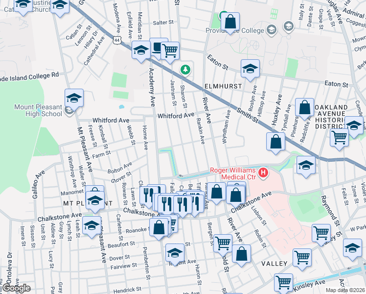 map of restaurants, bars, coffee shops, grocery stores, and more near 45 Jastram Street in Providence