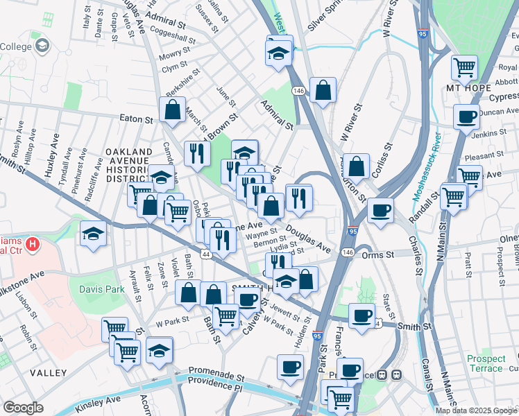 map of restaurants, bars, coffee shops, grocery stores, and more near 134 Rhode Island 7 in Providence