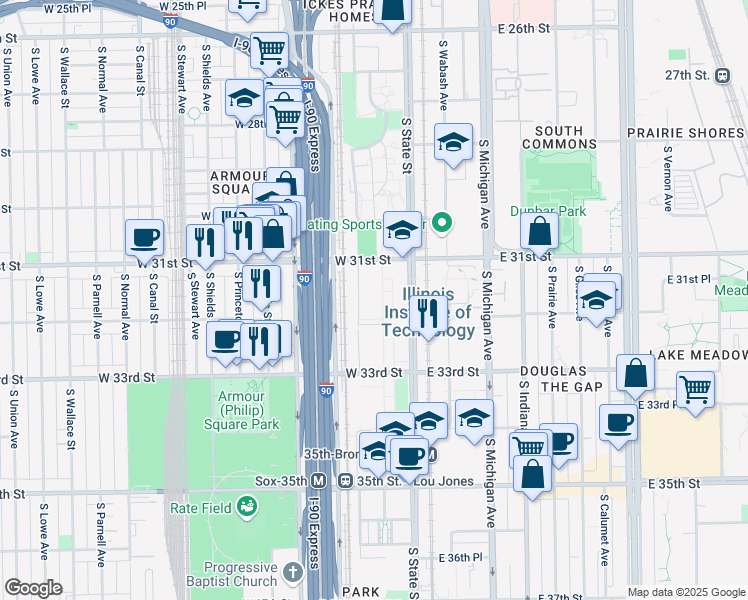 map of restaurants, bars, coffee shops, grocery stores, and more near 3137 South Federal Street in Chicago