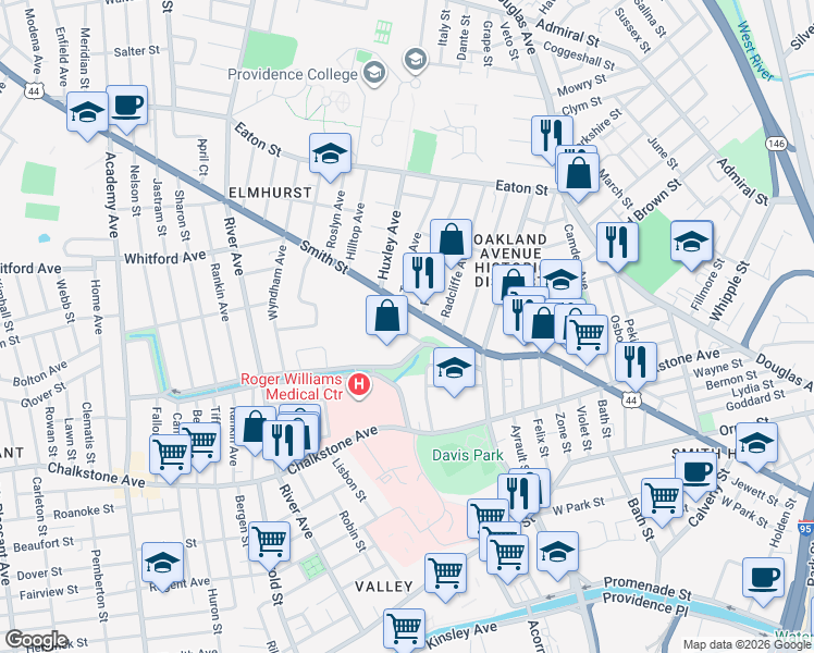 map of restaurants, bars, coffee shops, grocery stores, and more near 1 Convent Street in Providence