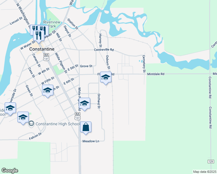 map of restaurants, bars, coffee shops, grocery stores, and more near 201 Peachtree Street in Constantine