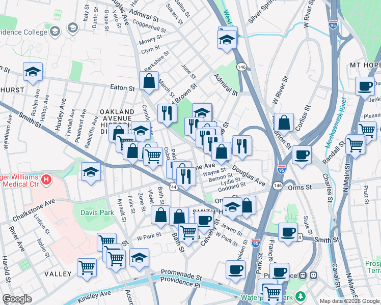 map of restaurants, bars, coffee shops, grocery stores, and more near 53 Candace Street in Providence