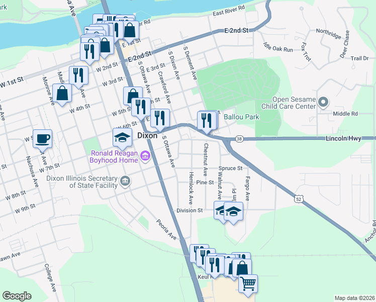 map of restaurants, bars, coffee shops, grocery stores, and more near 911 Hemlock Avenue in Dixon