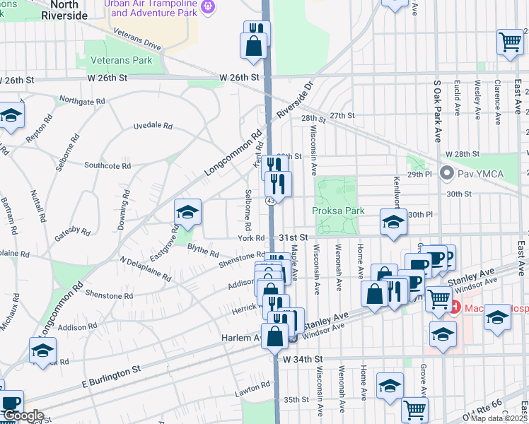 map of restaurants, bars, coffee shops, grocery stores, and more near 3014 Harlem Avenue in Riverside