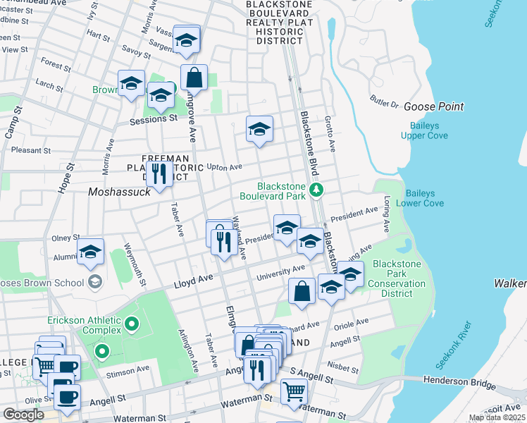 map of restaurants, bars, coffee shops, grocery stores, and more near 182 Everett Avenue in Providence