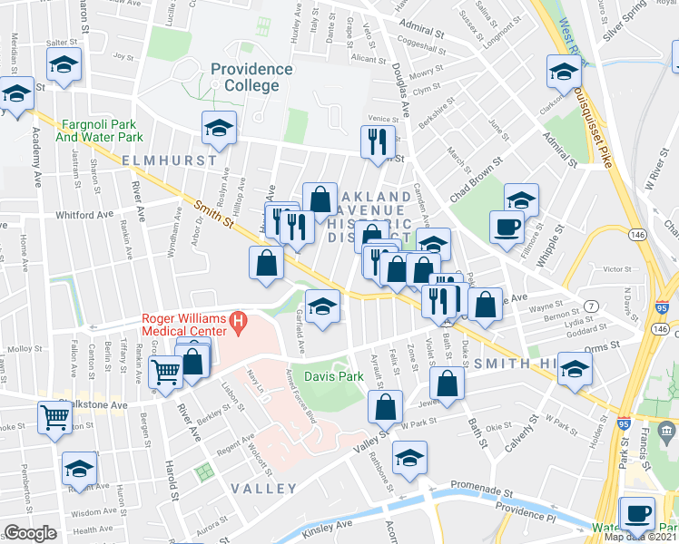 map of restaurants, bars, coffee shops, grocery stores, and more near 610 Smith Street in Providence