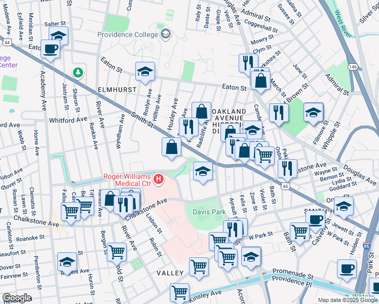 map of restaurants, bars, coffee shops, grocery stores, and more near 3 Convent Street in Providence