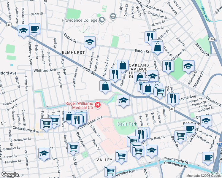 map of restaurants, bars, coffee shops, grocery stores, and more near 1 Convent Street in Providence