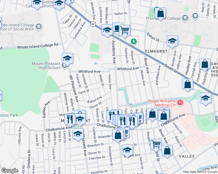 map of restaurants, bars, coffee shops, grocery stores, and more near 12 Webb Street in Providence