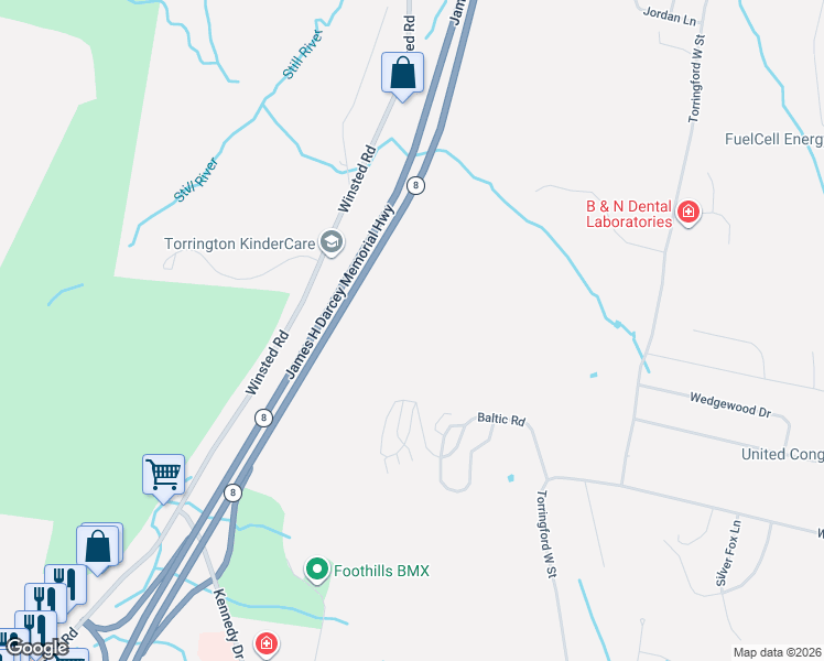 map of restaurants, bars, coffee shops, grocery stores, and more near 162 Cypress Court in Torrington