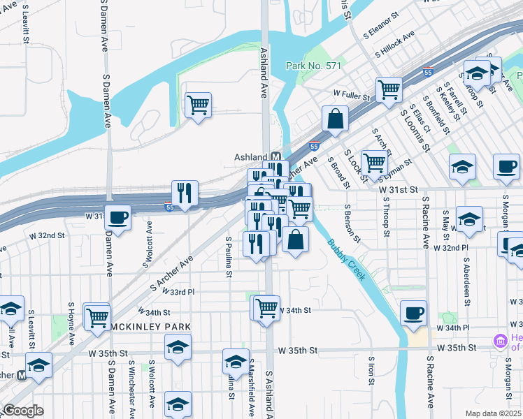 map of restaurants, bars, coffee shops, grocery stores, and more near 3155 South Robinson Street in Chicago