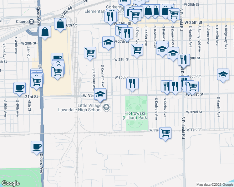 map of restaurants, bars, coffee shops, grocery stores, and more near 4355 West 31st Street in Chicago