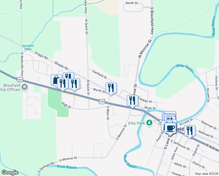 map of restaurants, bars, coffee shops, grocery stores, and more near 505 Worth Street in Blissfield
