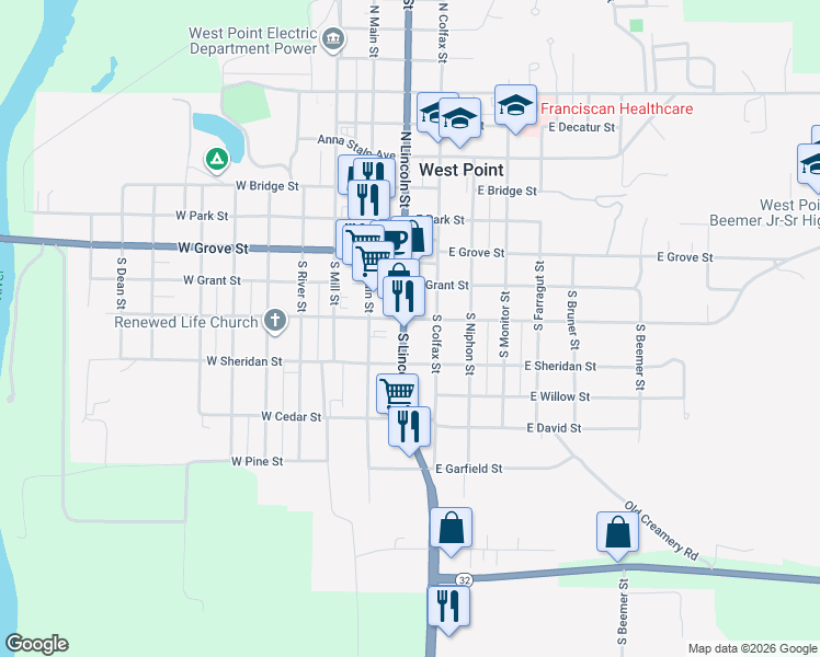 map of restaurants, bars, coffee shops, grocery stores, and more near 401-499 S Lincoln St in West Point