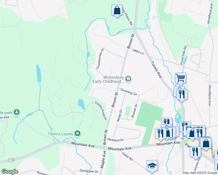map of restaurants, bars, coffee shops, grocery stores, and more near 14 Sharon Road in Bloomfield