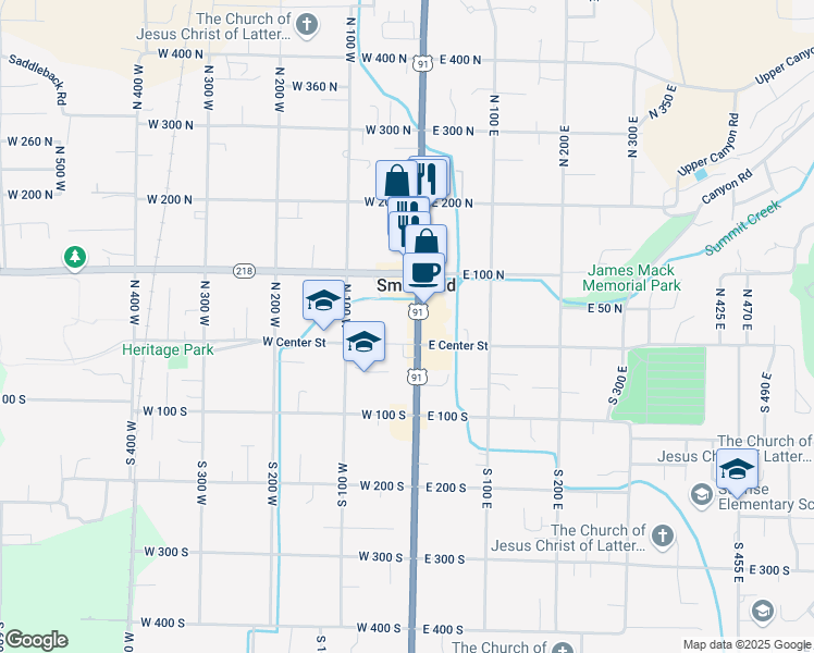 map of restaurants, bars, coffee shops, grocery stores, and more near 25 North Main Street in Smithfield