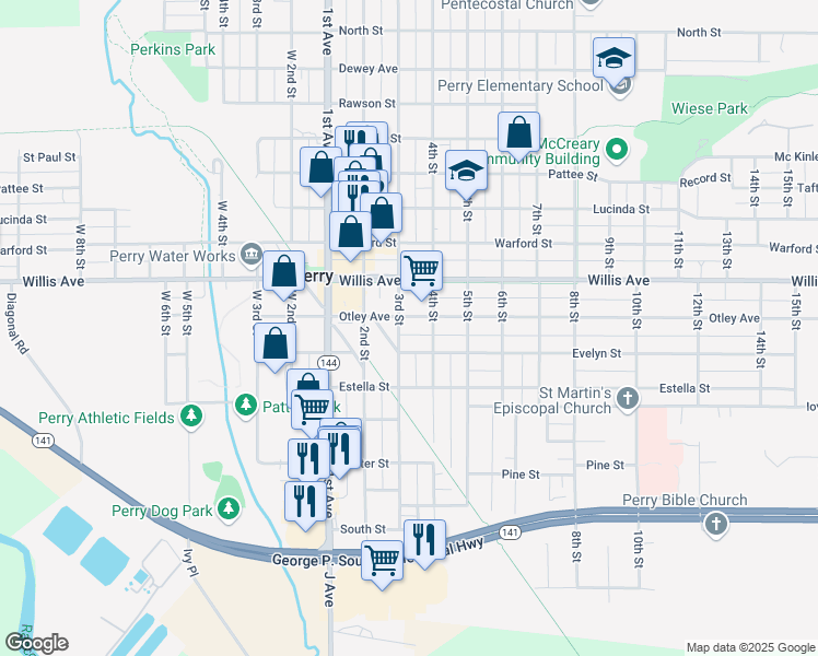 map of restaurants, bars, coffee shops, grocery stores, and more near 1305 Otley Avenue in Perry