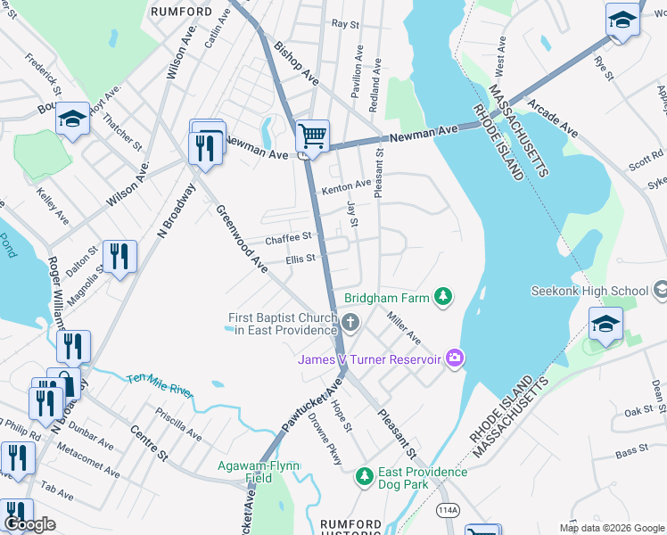 map of restaurants, bars, coffee shops, grocery stores, and more near 1347 Pawtucket Avenue in East Providence