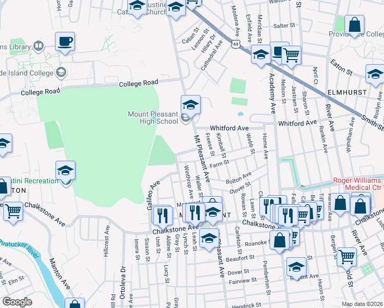map of restaurants, bars, coffee shops, grocery stores, and more near 150 Metropolitan Road in Providence