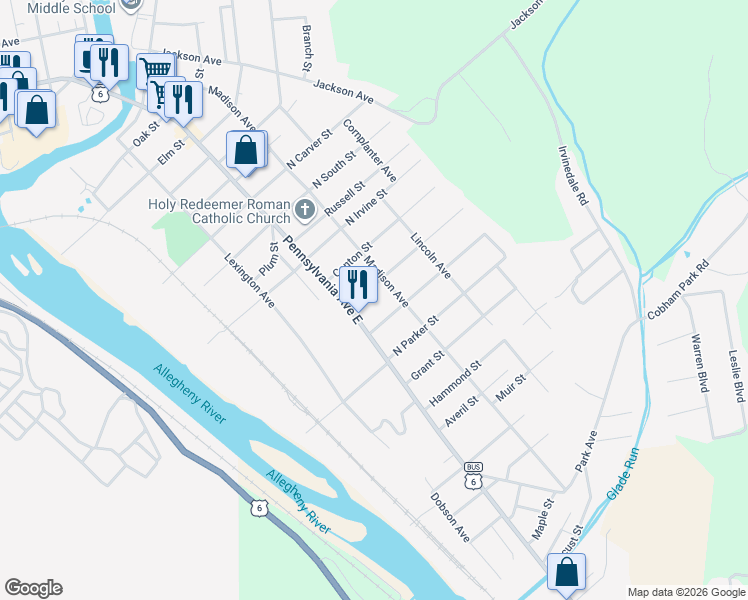 map of restaurants, bars, coffee shops, grocery stores, and more near 1207 Pennsylvania Ave E in Warren
