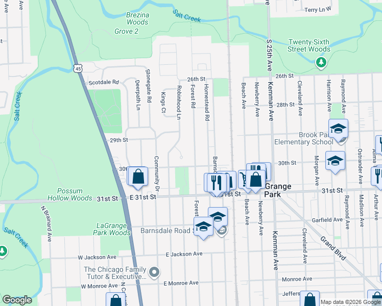 map of restaurants, bars, coffee shops, grocery stores, and more near 1206 Forest Road in La Grange Park