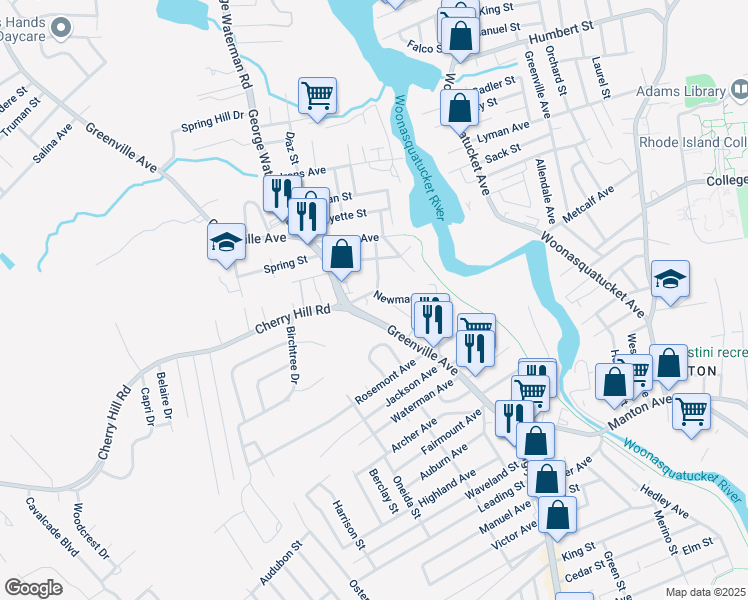 map of restaurants, bars, coffee shops, grocery stores, and more near in Johnston