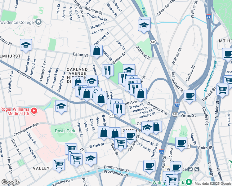 map of restaurants, bars, coffee shops, grocery stores, and more near 23 Alma Street in Providence