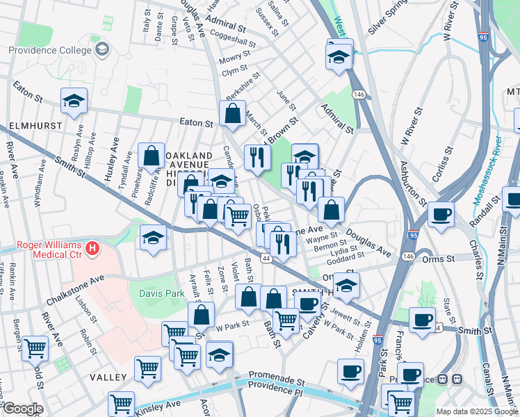 map of restaurants, bars, coffee shops, grocery stores, and more near 35 Camden Avenue in Providence