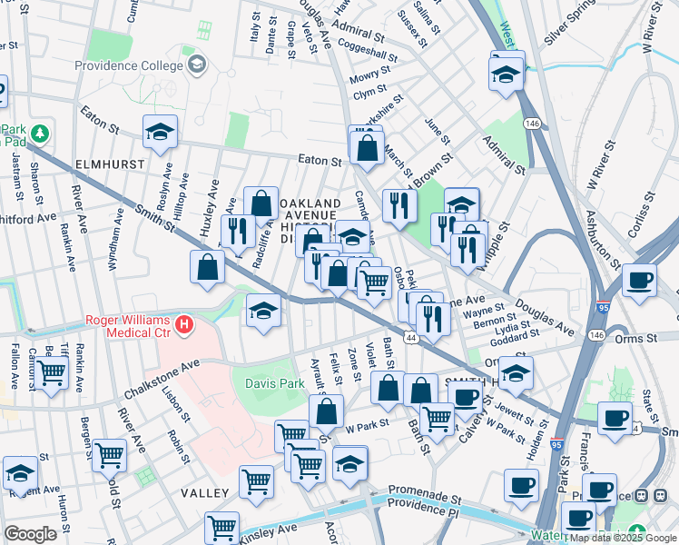map of restaurants, bars, coffee shops, grocery stores, and more near 531 Smith Street in Providence