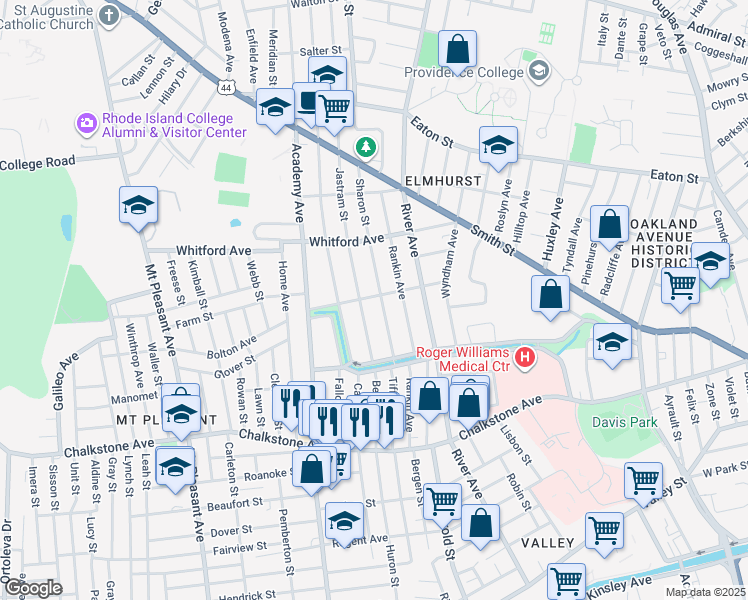 map of restaurants, bars, coffee shops, grocery stores, and more near 45 Jastram Street in Providence