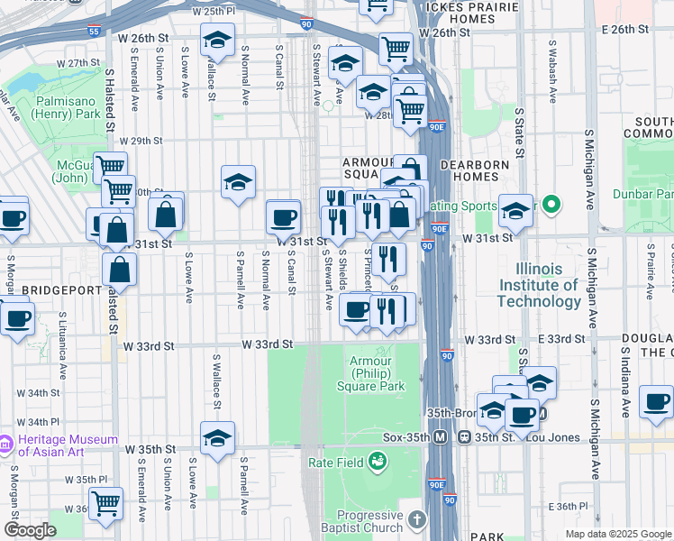 map of restaurants, bars, coffee shops, grocery stores, and more near 3158 South Stewart Avenue in Chicago
