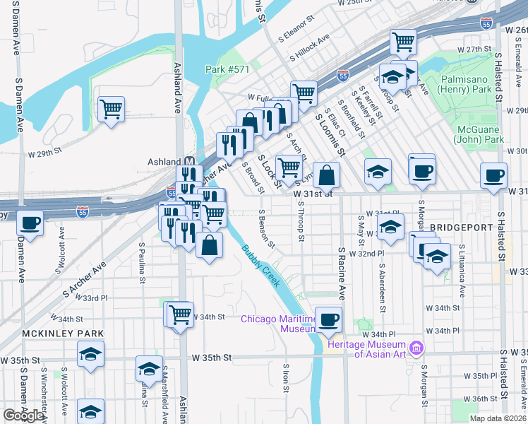 map of restaurants, bars, coffee shops, grocery stores, and more near 1339 West 31st Place in Chicago