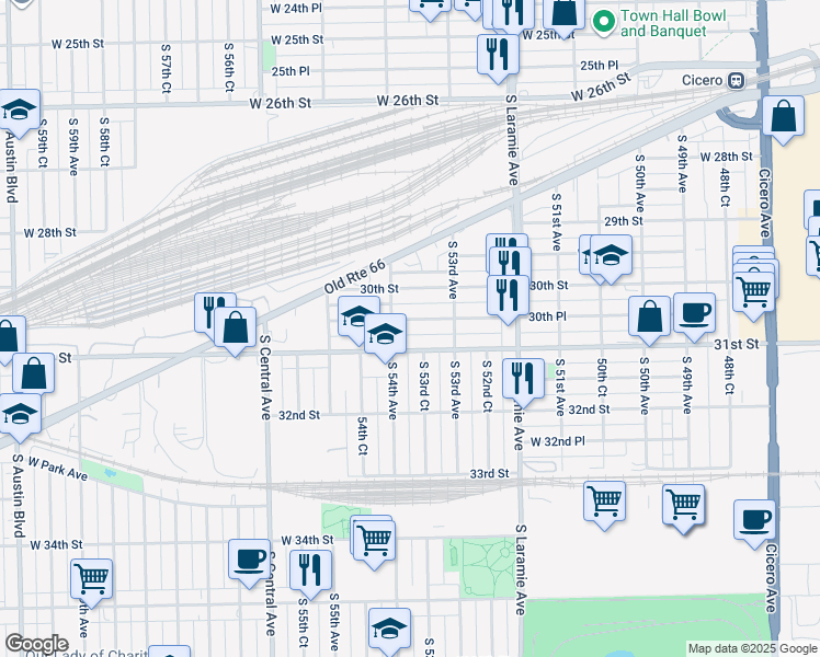 map of restaurants, bars, coffee shops, grocery stores, and more near in Cicero