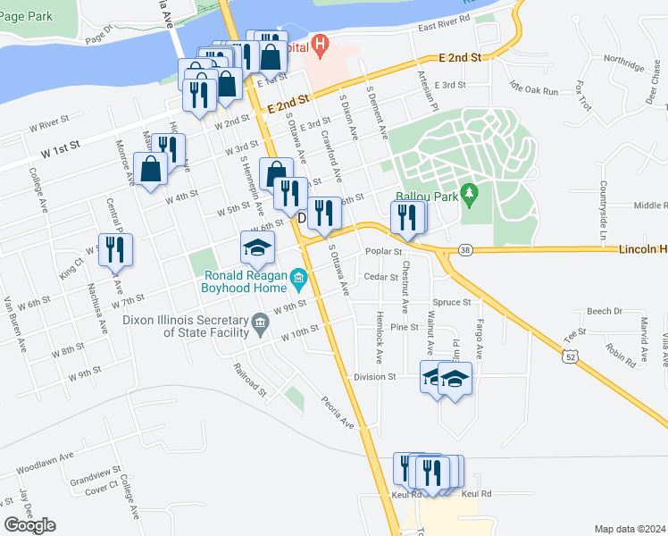 map of restaurants, bars, coffee shops, grocery stores, and more near 803 South Ottawa Avenue in Dixon